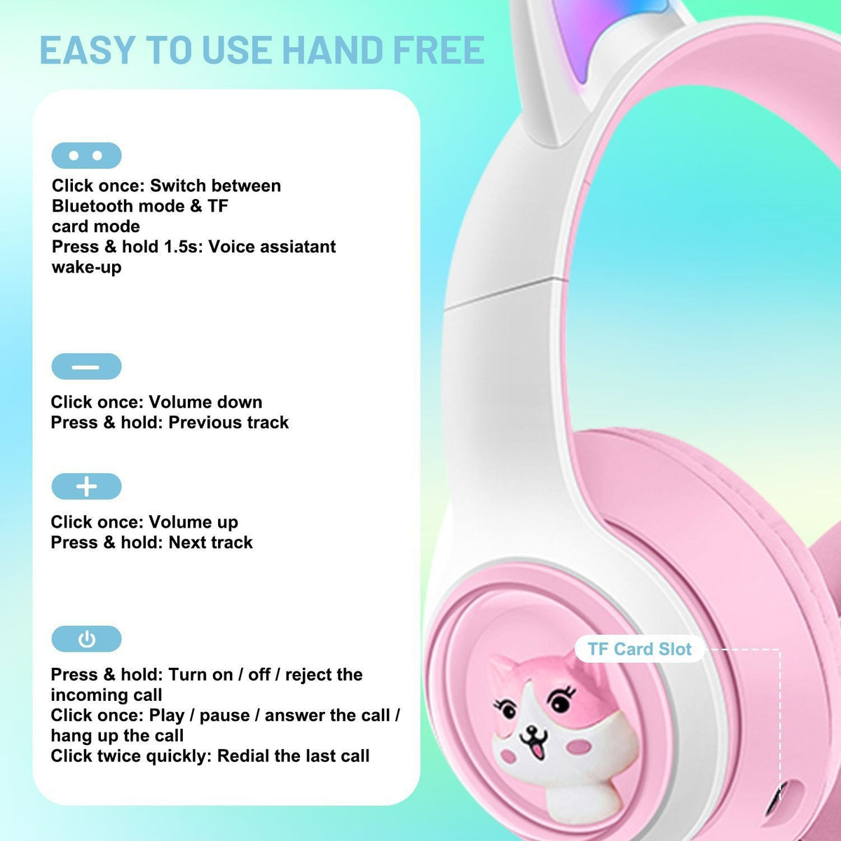Cute Cat Ear Wireless Headphones - BT5.3, LED Lights, TF Card Slot, Soft Protein Padding(Pink)
