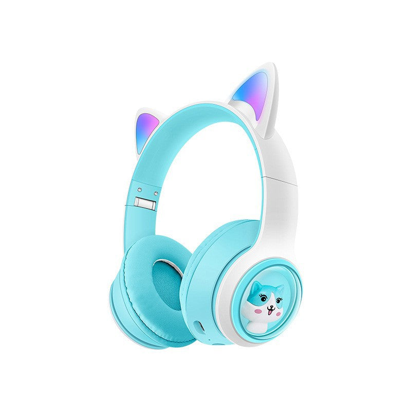 Cute Cat Ear Wireless Headphones - BT5.3, LED Lights, TF Card Slot, Soft Protein Padding(Blue)
