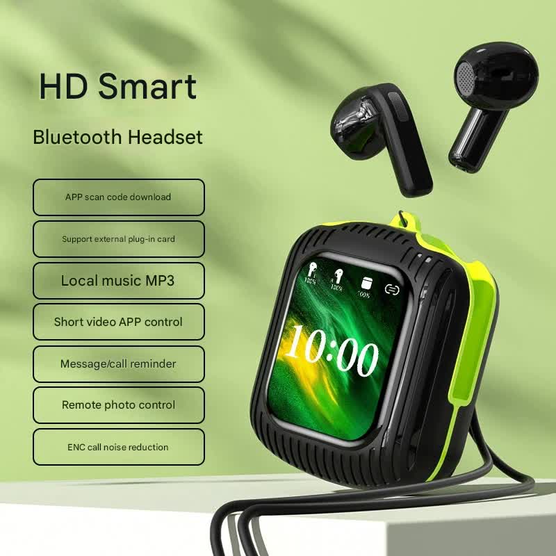 Smart Touch Wireless Headset with MP3 Player &amp; Display - Caller ID, App Control, ENC Noise Reduction(Black green)