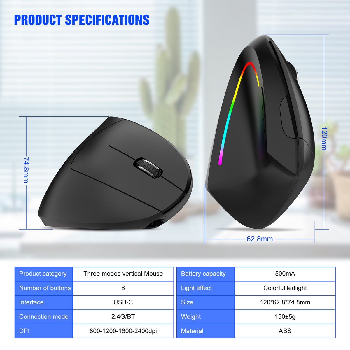 Ergonomic Vertical Wireless Mouse - 2.4G/Bluetooth, Rechargeable, RGB Light, 4 DPI Levels(black)