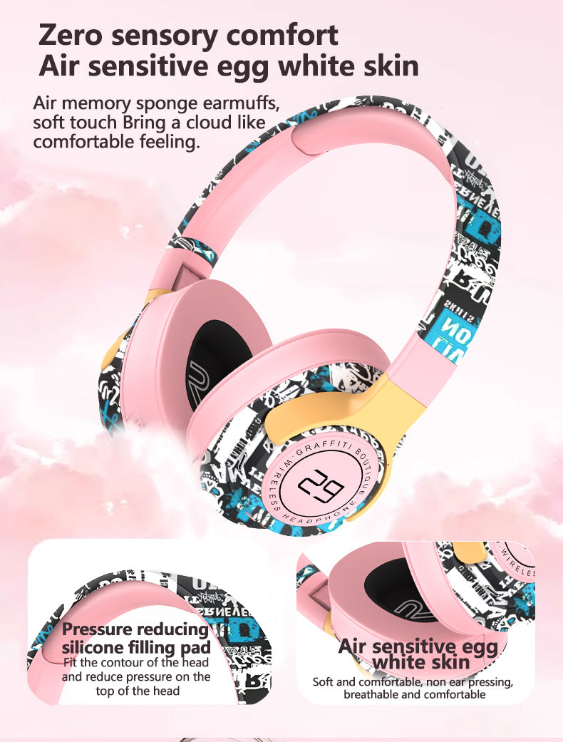 Trendy Graffiti Wireless Over-Ear Headphones - Bluetooth 5.1, HIFI 360 Surround Sound, 12H Playtime, Low Latency(pink)