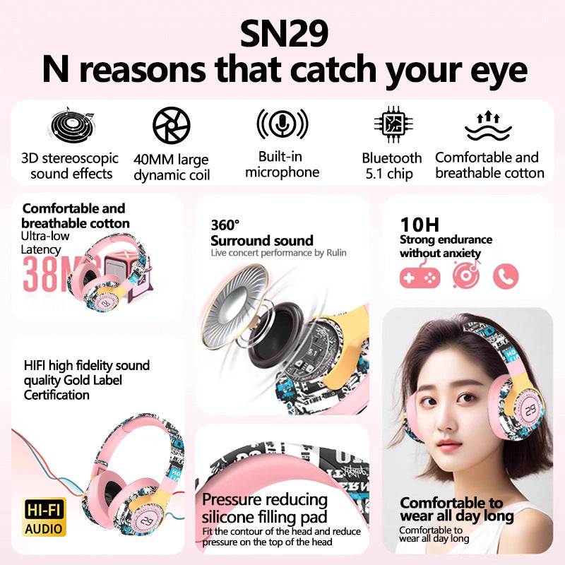 Trendy Graffiti Wireless Over-Ear Headphones - Bluetooth 5.1, HIFI 360 Surround Sound, 12H Playtime, Low Latency(red)