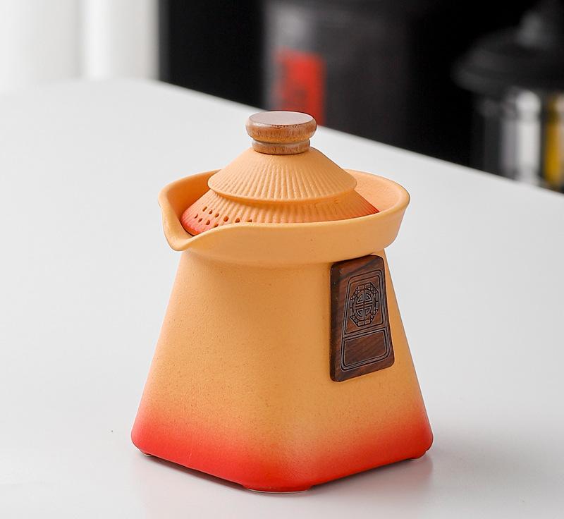 Artisan Ceramic Tea Pot with Built-in Strainer - 280ml, Gradient Finish &amp; Wooden Accents(Yellow+red)