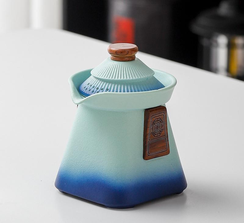 Artisan Ceramic Tea Pot with Built-in Strainer - 280ml, Gradient Finish &amp; Wooden Accents(Blue+green)