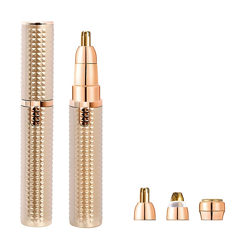 3-in-1 Rechargeable Electric Trimmer for Women - Nose, Eyebrow &amp; Facial Hair Remover with Washable Heads &amp; LED Light(Gold)