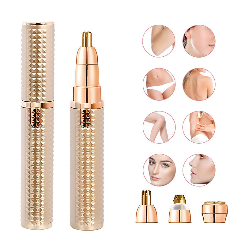 3-in-1 Rechargeable Electric Trimmer for Women - Nose, Eyebrow & Facial Hair Remover with Washable Heads & LED Light(Gold)