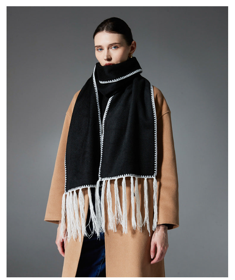 Black Contrast Edge & Tassel Scarf - Chic Autumn/Winter Neckwear (190x30cm)