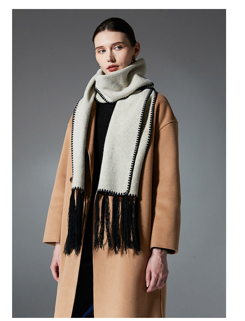 Beige Contrast Edge & Tassel Scarf - Chic Autumn/Winter Neckwear (190x30cm)
