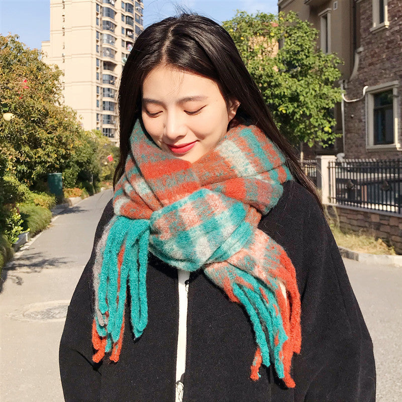 Orange blue Women&#39;s Fashion Plaid Scarf - Warm &amp; Stylish Long Neck Warmer (220x40cm)