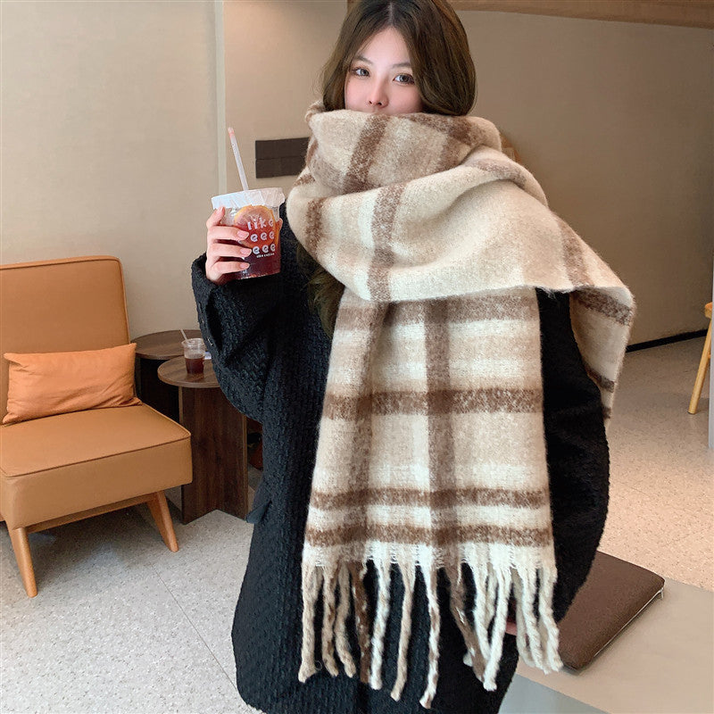 Beige brown Women&#39;s Fashion Plaid Scarf - Warm &amp; Stylish Long Neck Warmer (220x40cm)
