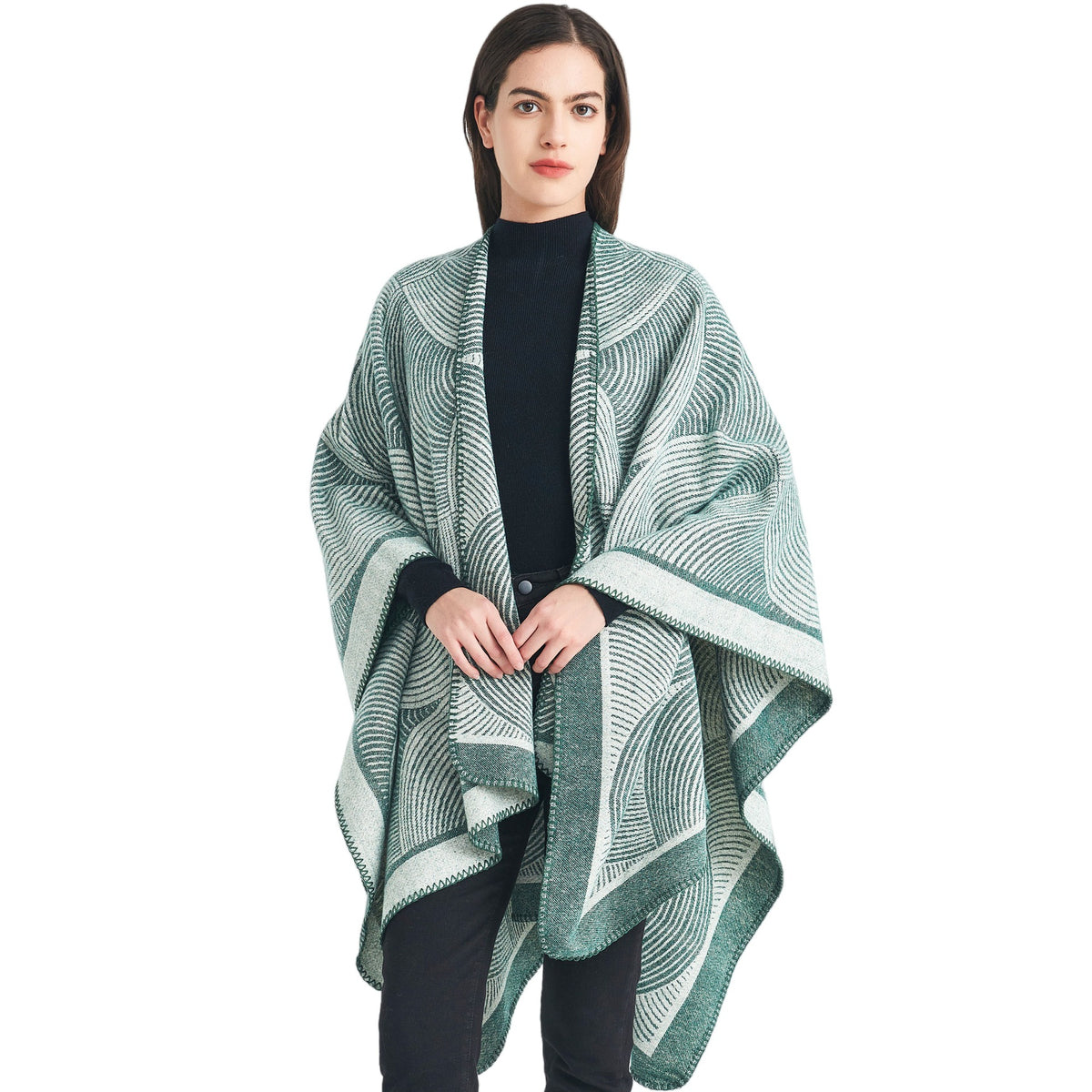 Green Geometric Print Cape - Cozy Knit Poncho for Women (165x130cm)