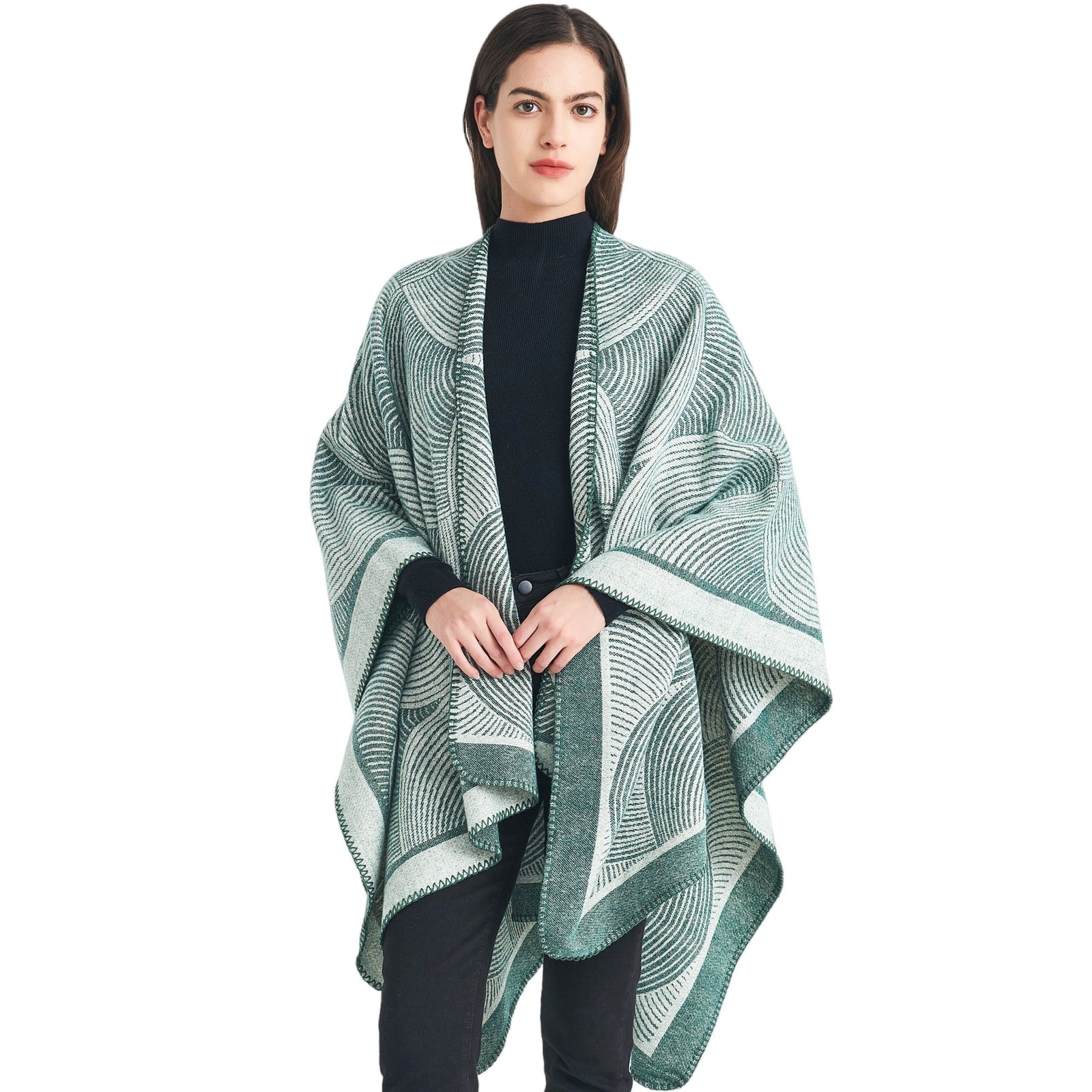 Green Geometric Print Cape - Cozy Knit Poncho for Women (165x130cm)