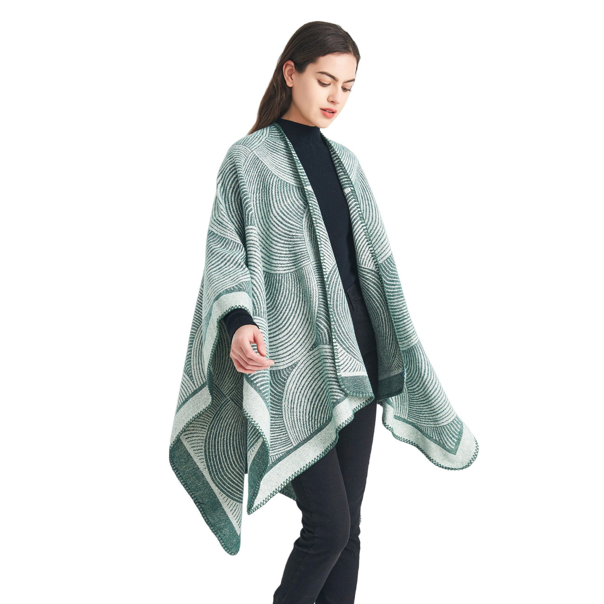Green Geometric Print Cape - Cozy Knit Poncho for Women (165x130cm)