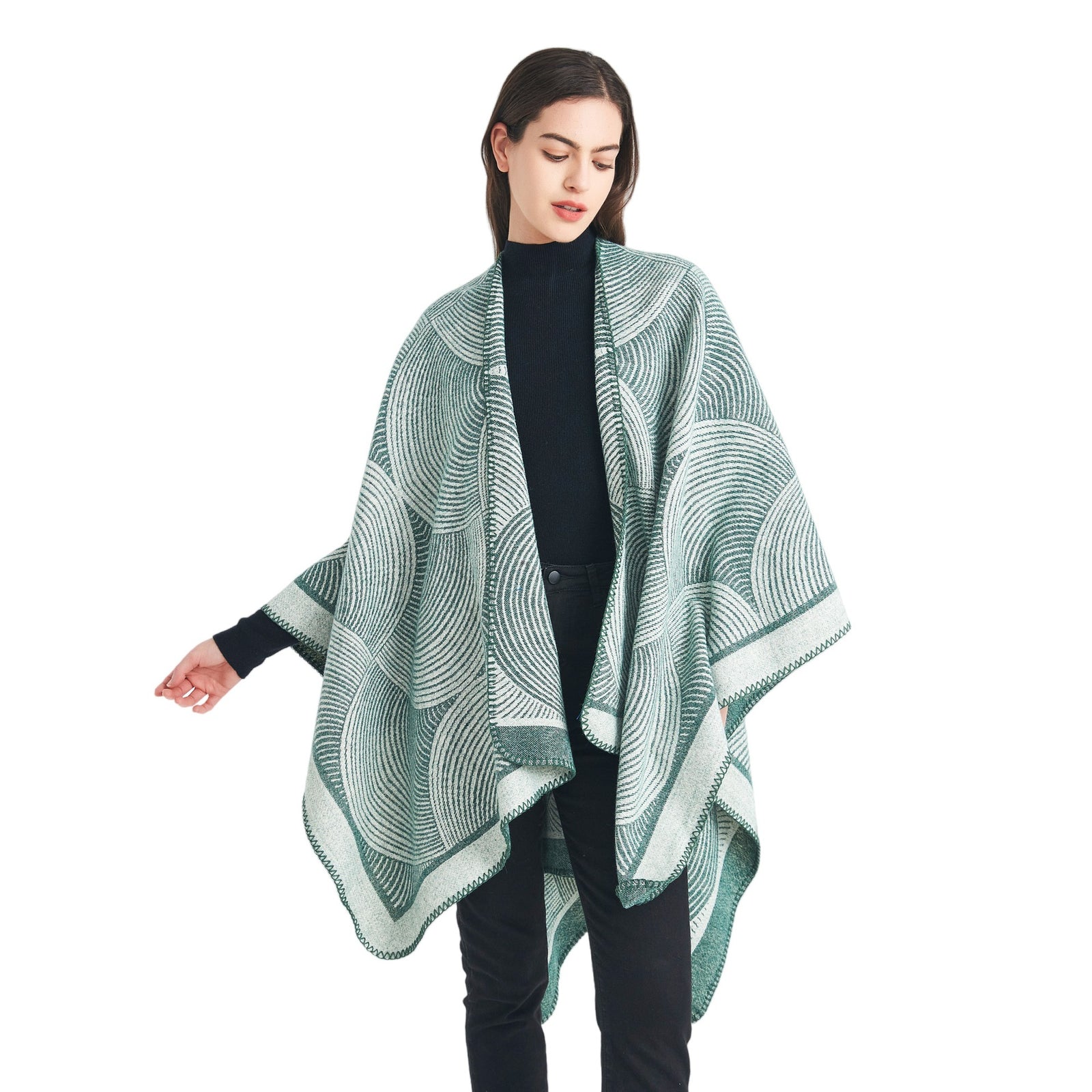 Green Geometric Print Cape - Cozy Knit Poncho for Women (165x130cm)