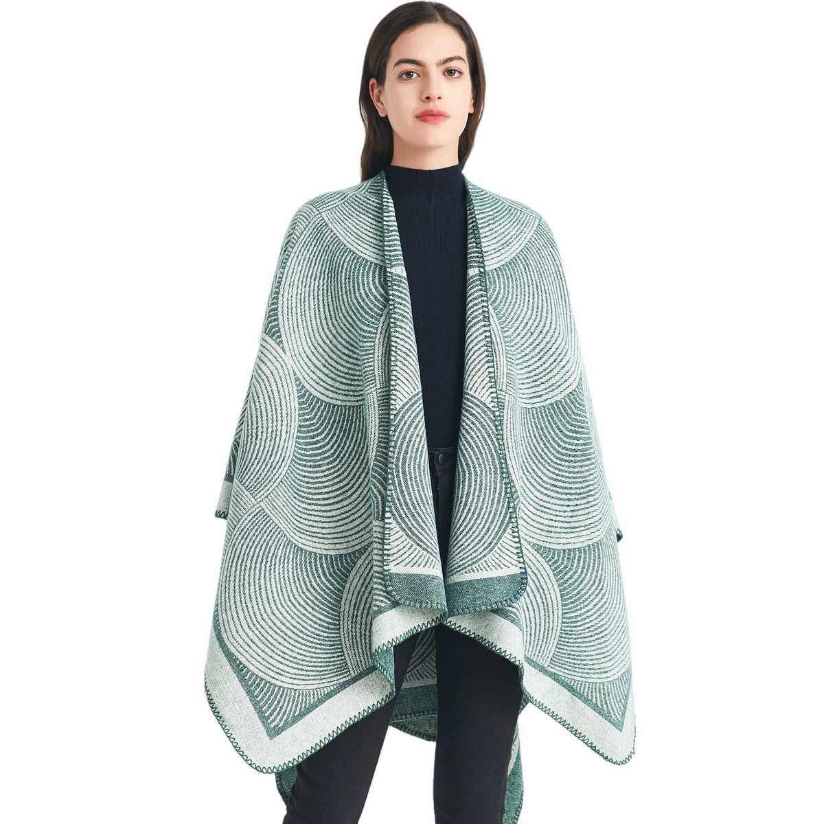 Green Geometric Print Cape - Cozy Knit Poncho for Women (165x130cm)