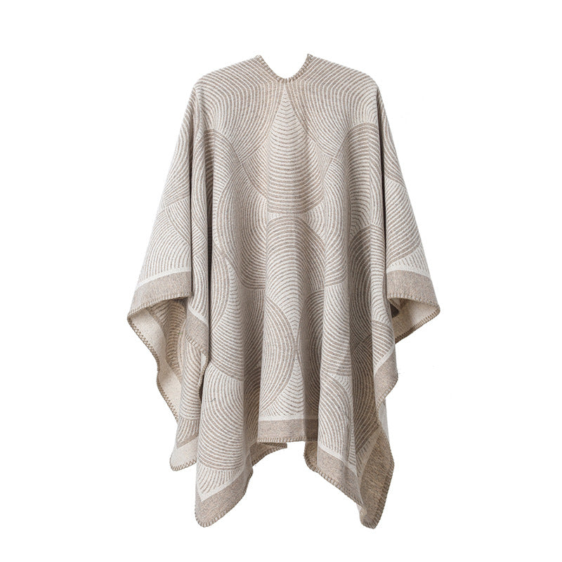 Khaki Geometric Print Cape - Cozy Knit Poncho for Women (165x130cm)