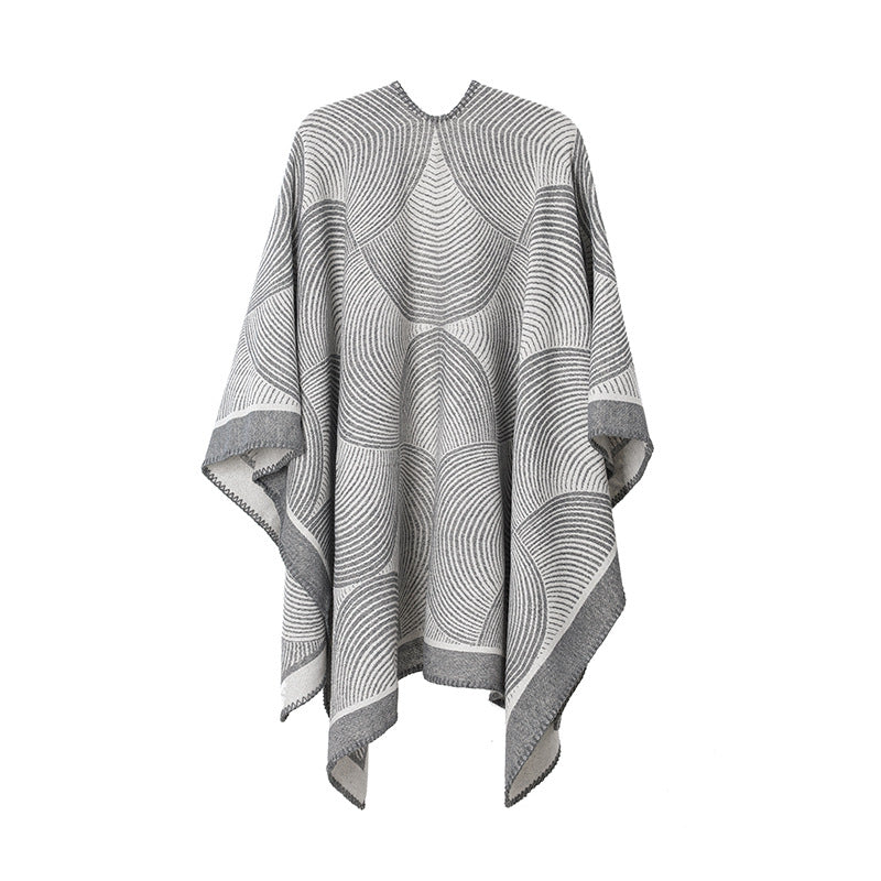 Grey Geometric Print Cape - Cozy Knit Poncho for Women (165x130cm)