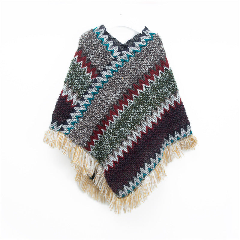 Brown Lightweight Chevron Knit Poncho for Women - Elegant Fringed Shawl Wrap