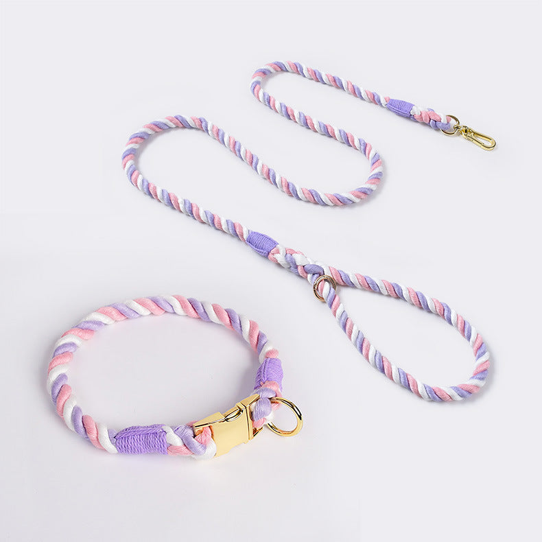 Handmade Gradient Rope Dog Collar &amp; Leash Set - Colorful Braided Cotton (Pink purple - Size S)