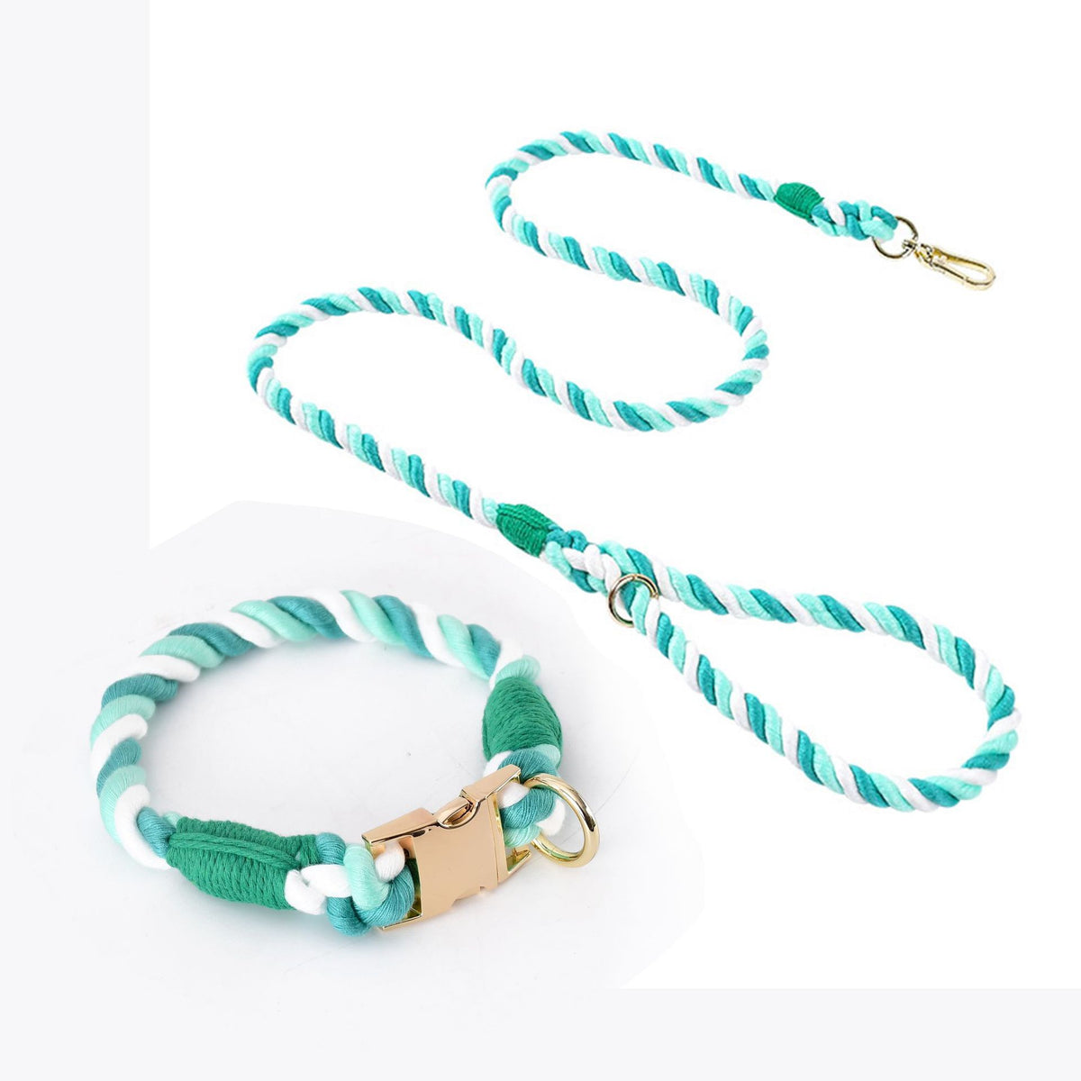 Handmade Gradient Rope Dog Collar &amp; Leash Set - Colorful Braided Cotton (Light green - Size S)