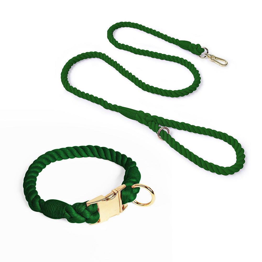 Handmade Gradient Rope Dog Collar &amp; Leash Set - Colorful Braided Cotton (Dark green - Size S)