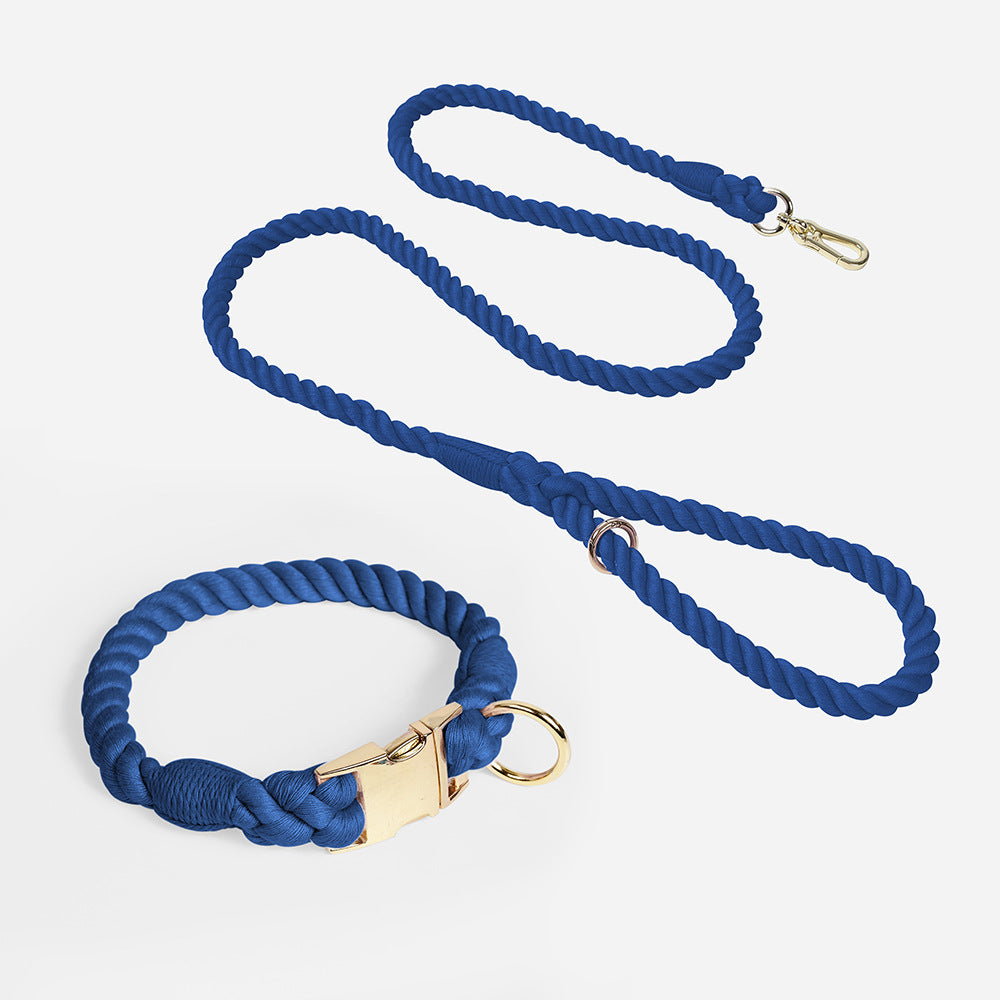 Handmade Gradient Rope Dog Collar &amp; Leash Set - Colorful Braided Cotton (Navy blue - Size S)