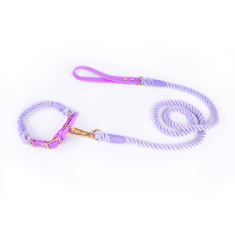 Premium Leather Pet Collar and Leash - Soft, Strong Braided Rope (Purple - Size L)