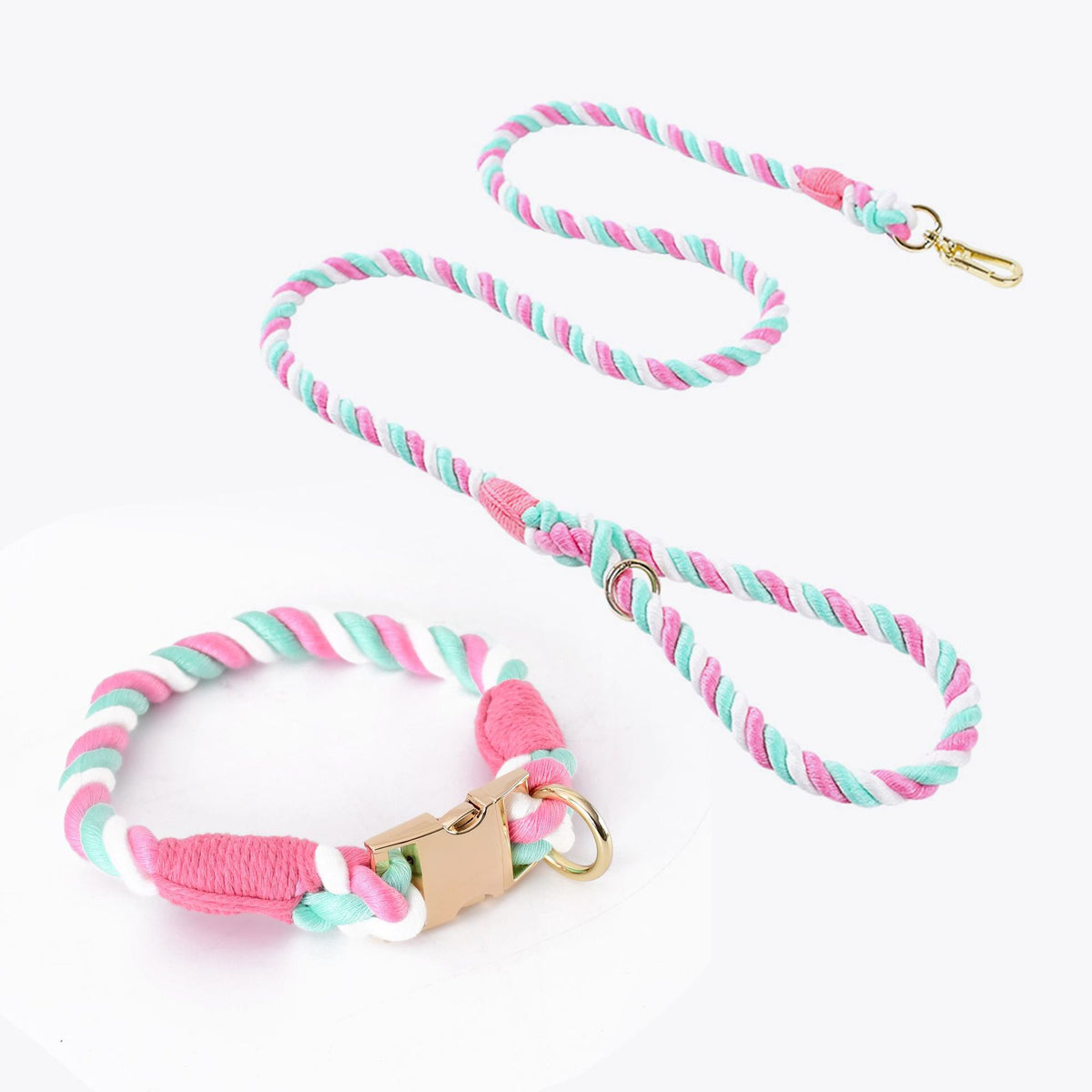 Handmade Gradient Rope Dog Collar &amp; Leash Set - Colorful Braided Cotton (Pink - Size M)