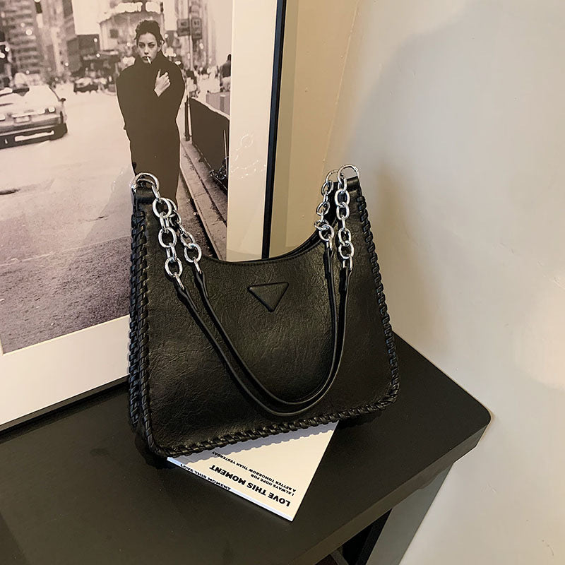 Black Chic PU Leather Shoulder Bag with Chain Strap &amp; Whipstitch Detail