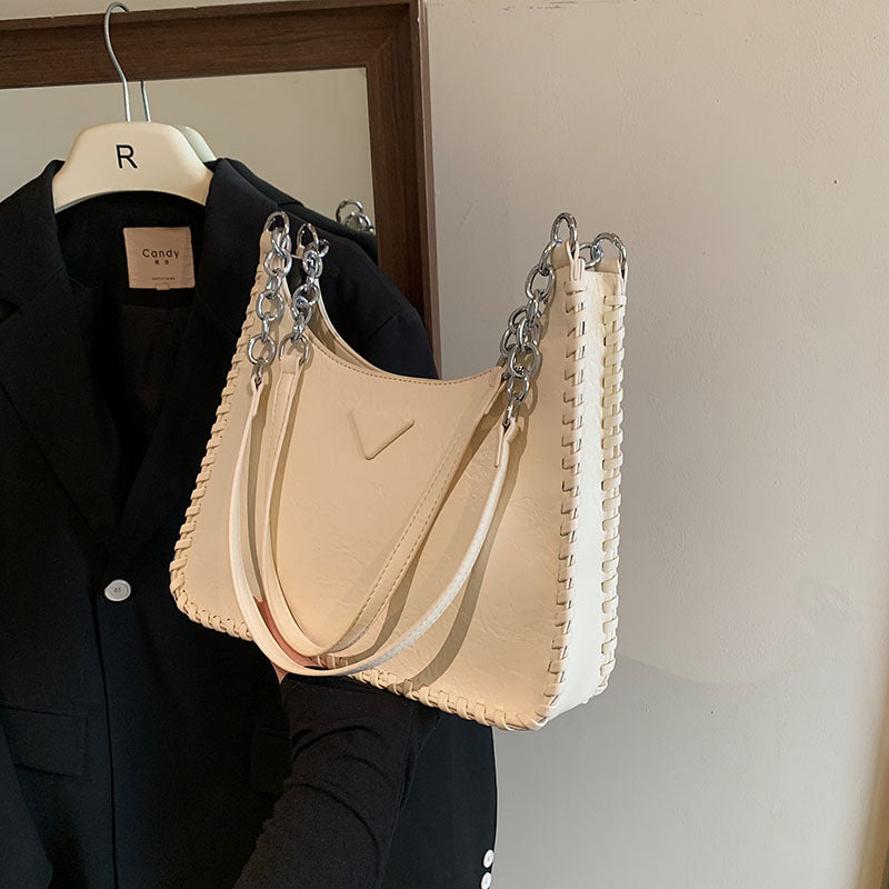 Beige Chic PU Leather Shoulder Bag with Chain Strap &amp; Whipstitch Detail