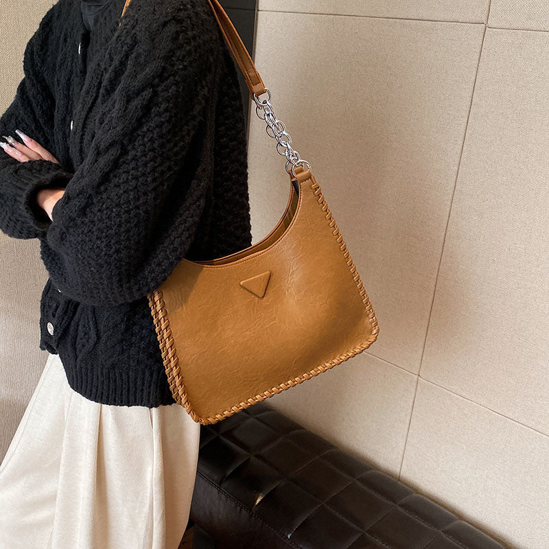 Brown Chic PU Leather Shoulder Bag with Chain Strap &amp; Whipstitch Detail