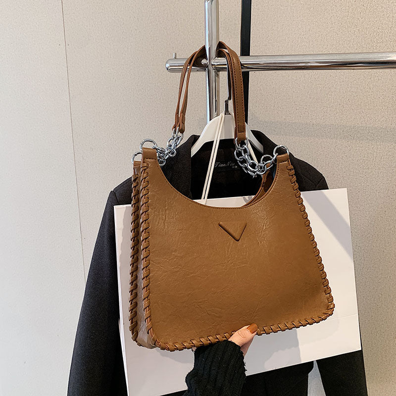 Brown Chic PU Leather Shoulder Bag with Chain Strap & Whipstitch Detail