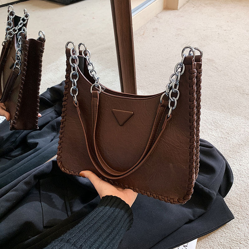 Coffee Chic PU Leather Shoulder Bag with Chain Strap & Whipstitch Detail