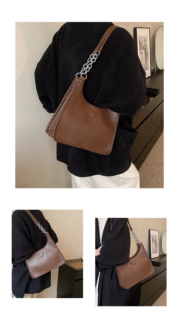 Coffee Chic PU Leather Shoulder Bag with Chain Strap & Whipstitch Detail