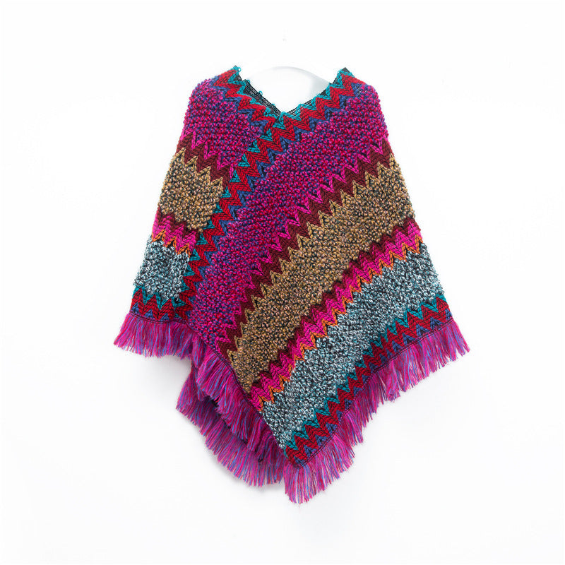 Rose red Lightweight Chevron Knit Poncho for Women - Elegant Fringed Shawl Wrap