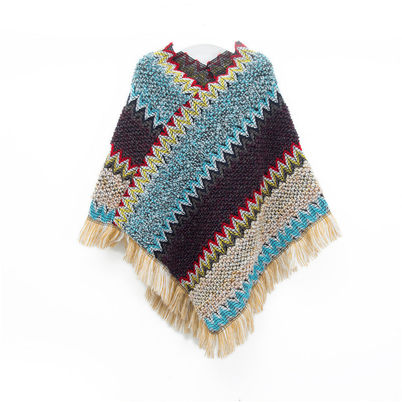 Blue Lightweight Chevron Knit Poncho for Women - Elegant Fringed Shawl Wrap