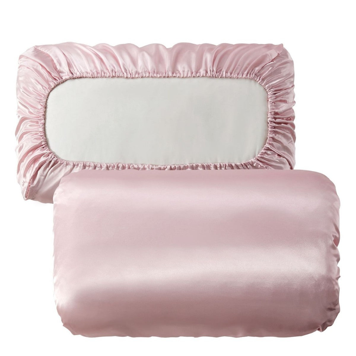 Pink Silky Satin Pillowcase Pair - Smooth for Hair &amp; Skin, Elastic Fitted (46x90+16cm)