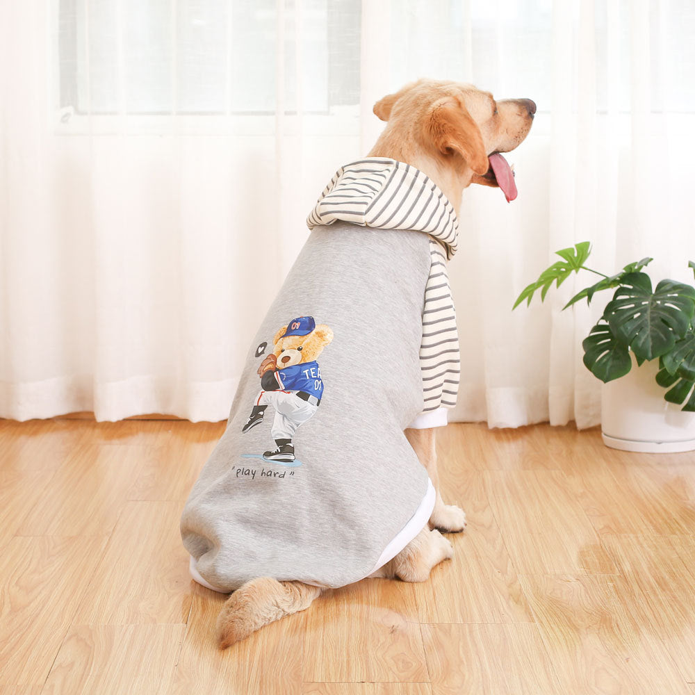 Autumn/Winter Dog Clothes - Grey Hoodie with Striped Hood &amp; Baseball Bear (Size - 3XL)