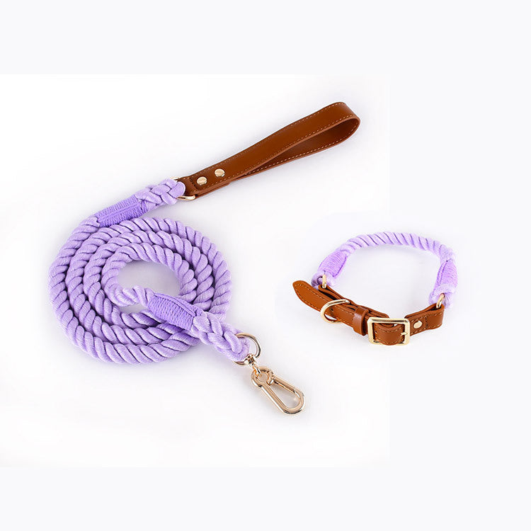 Premium Leather Pet Collar and Leash - Soft, Strong Braided Rope (Purple - Size L)