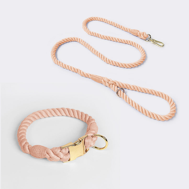 Handmade Rope Dog Collar and Leash Set - Colorful Woven Cotton Cotton (Leather pink - Size S)