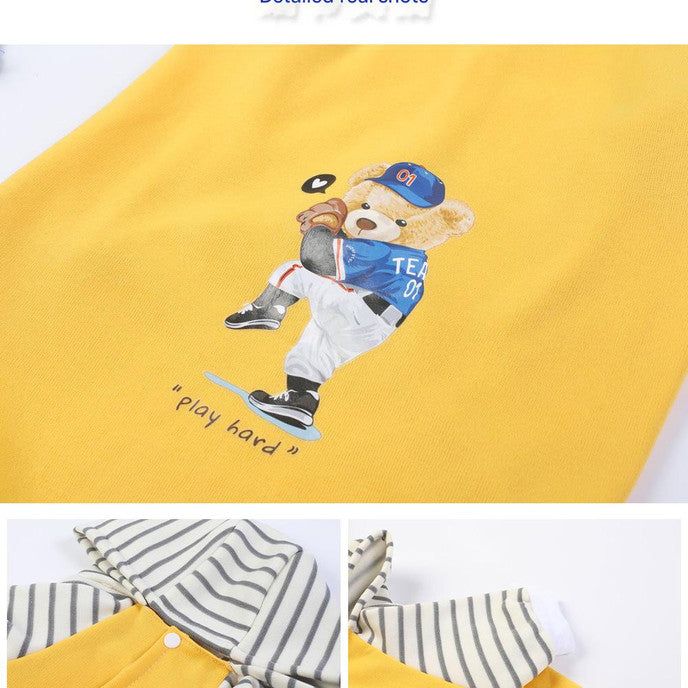 Autumn/Winter Dog Clothes - Yellow Hoodie with Striped Hood & Baseball Bear (Size - 4XL)