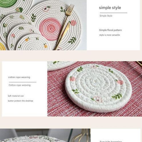 (Flowers) Cotton Rope Woven Placemats - Set of 3, 30cm Diameter Heat Resistant Kitchen Decor