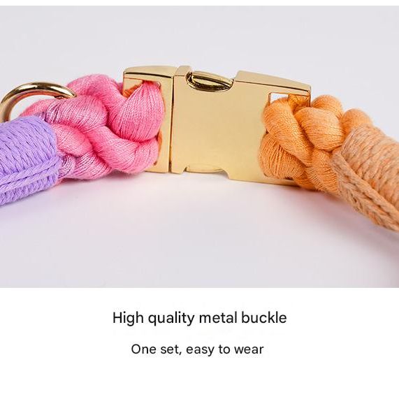 Handmade Rope Dog Collar and Leash Set - Colorful Woven Cotton Cotton (Purple - Size M)