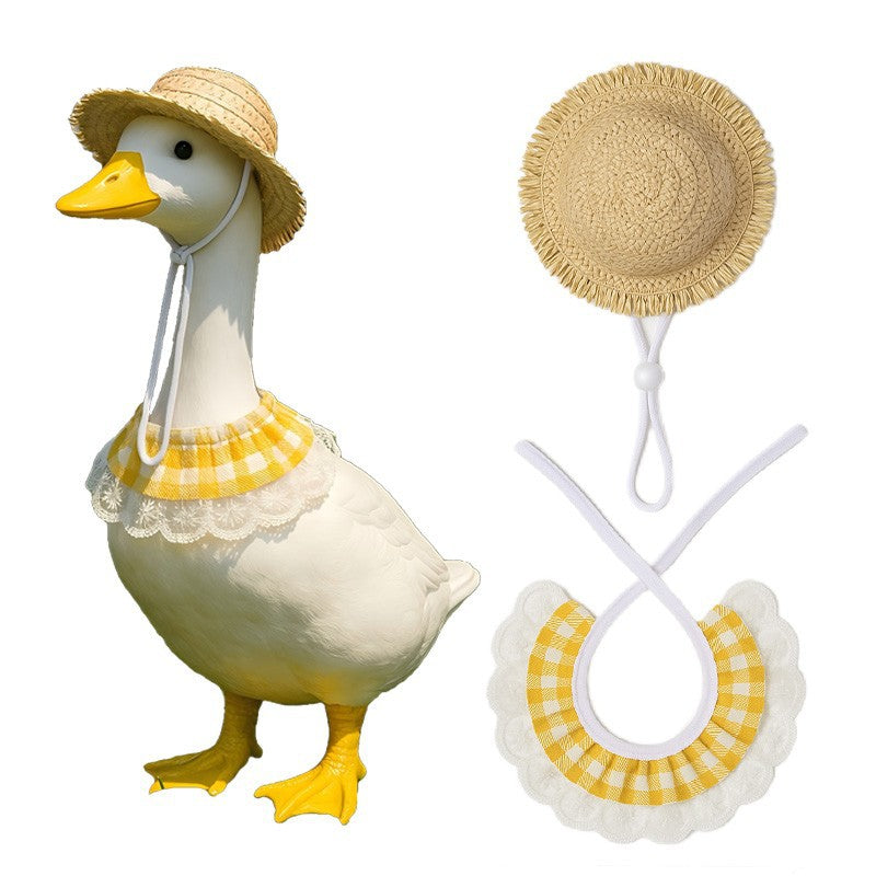 Khaki and Yellow 2 Sets Adorable Porch Goose &amp; Small Pet Costume Set - 2 Summer Straw Hat &amp; 2 Gingham Bib