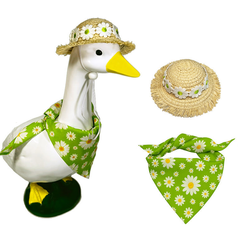 2 Sets Khaki and Green Daisy Delight Porch Goose &amp; Small Pet Costume - 2 Summer Straw Hat &amp; 2 Floral Bandana Set