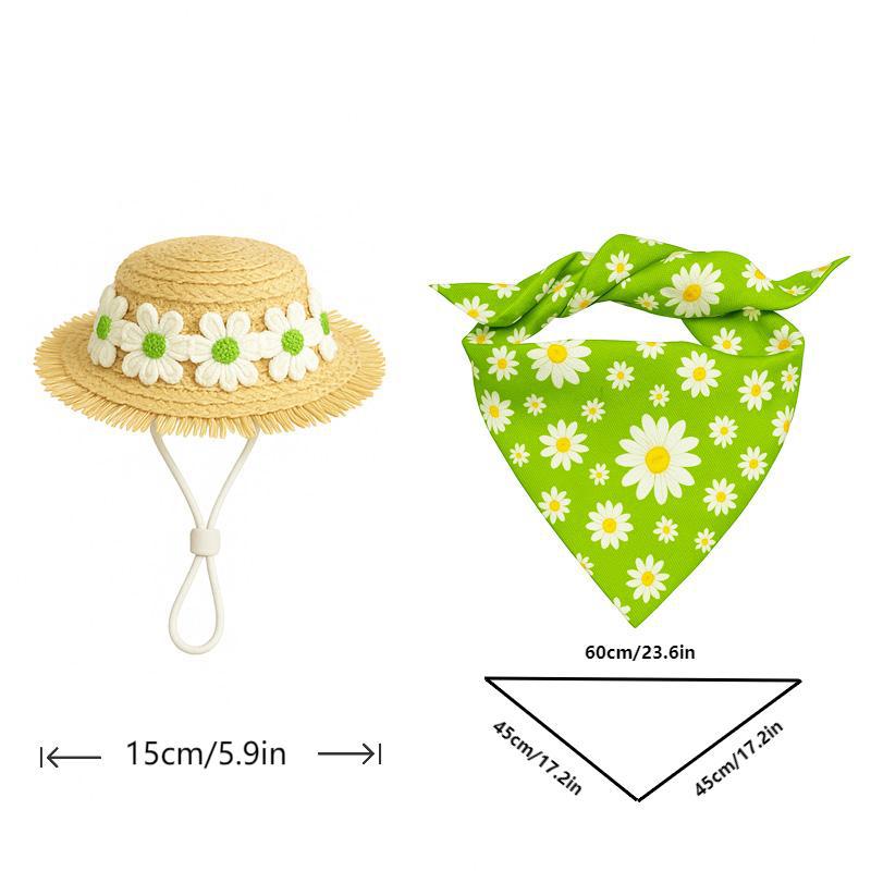 2 Sets Khaki and Green Daisy Delight Porch Goose & Small Pet Costume - 2 Summer Straw Hat & 2 Floral Bandana Set