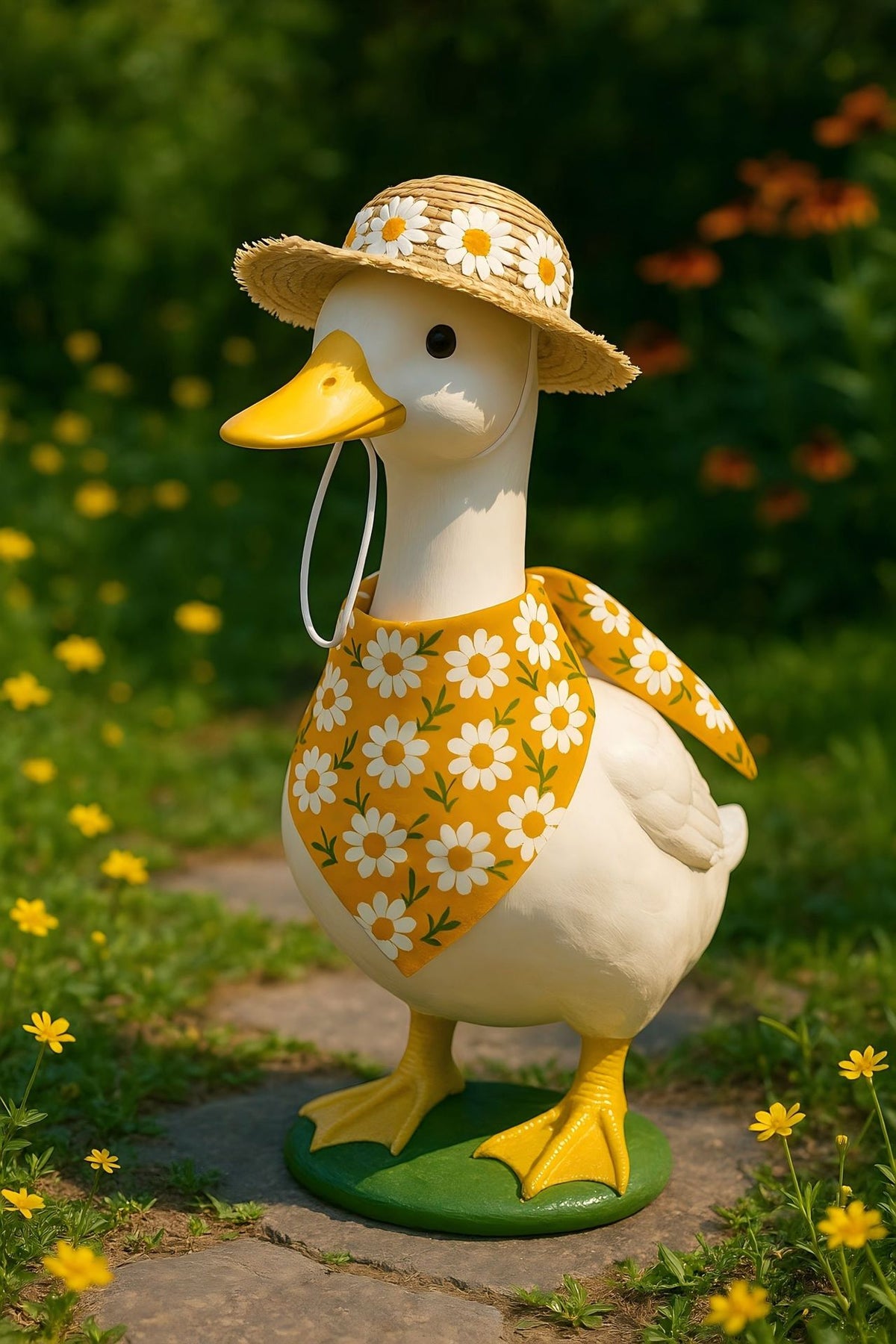 2 Sets Khaki and Yellow Daisy Delight Porch Goose &amp; Small Pet Costume - 2 Summer Straw Hat &amp; 2 Floral Bandana Set