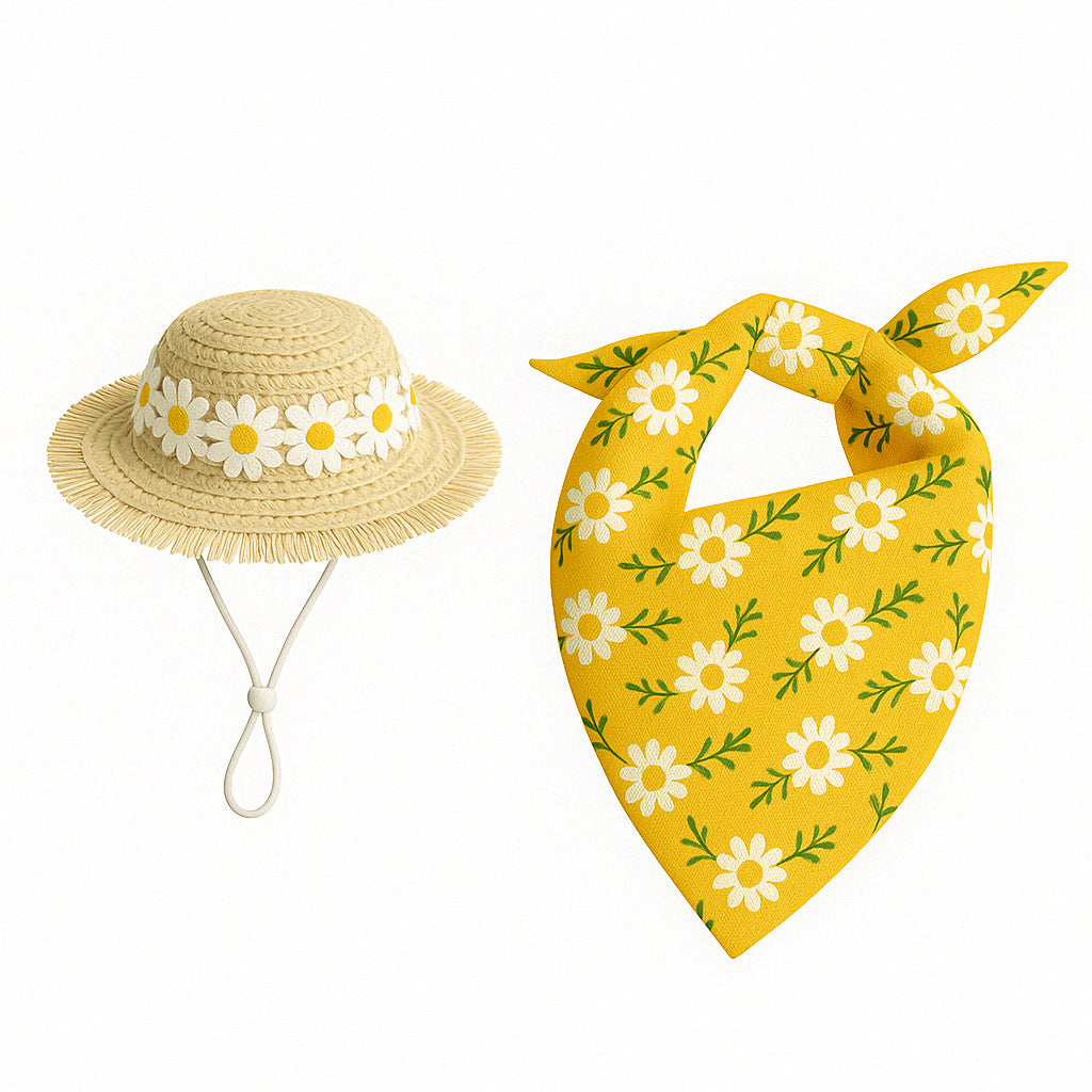 2 Sets Khaki and Yellow Daisy Delight Porch Goose & Small Pet Costume - 2 Summer Straw Hat & 2 Floral Bandana Set