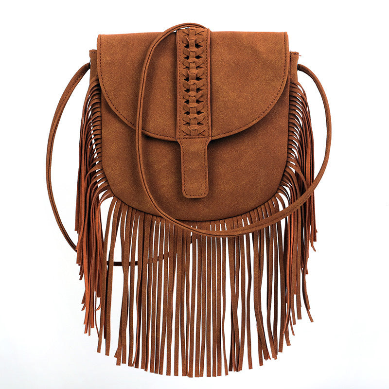 Brown Chic Bohemian Fringe Crossbody Bag - Suede-Look PU Leather with Braided Detail &amp; Adjustable Strap