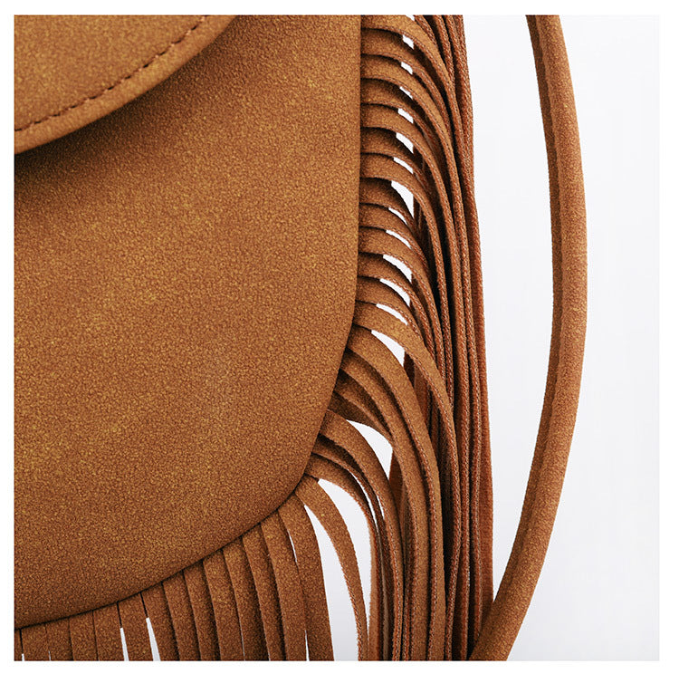 Brown Chic Bohemian Fringe Crossbody Bag - Suede-Look PU Leather with Braided Detail & Adjustable Strap